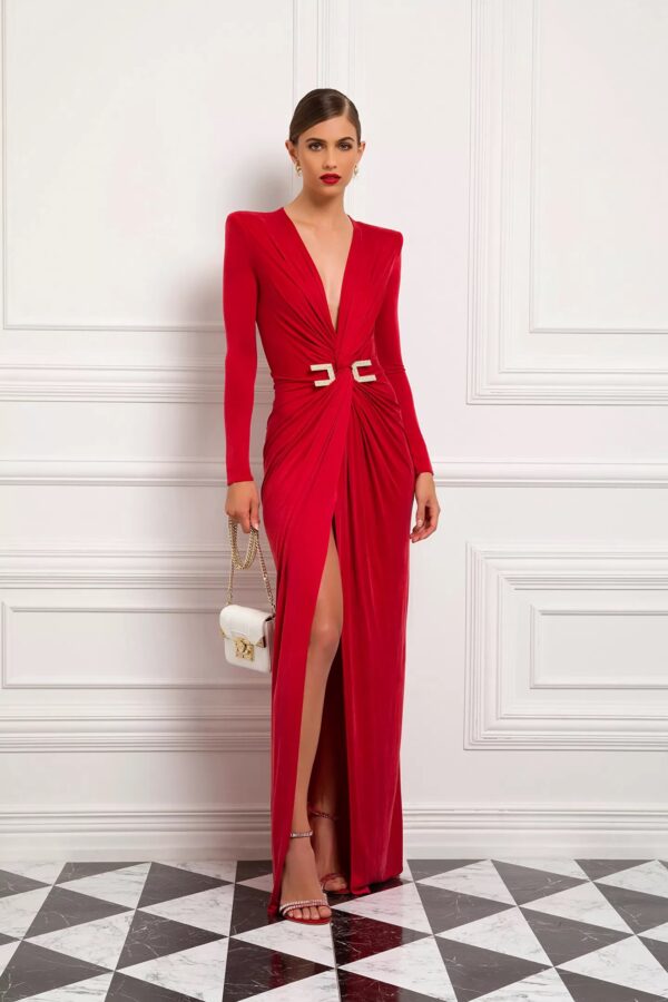 Sukienka Red Carpet z długim rękawem i maxi C z kryształków Elisabetta Franchi