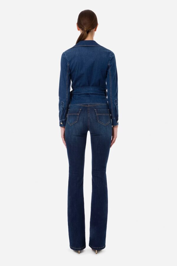 Jeansowa krótka, elastyczna koszula z kokardą Elisabetta Franchi