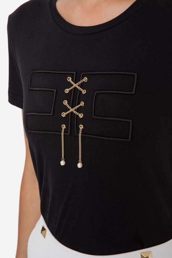 T-shirt ze skrzyżowanym haftem łańcuszkowym Elisabetta Franchi
