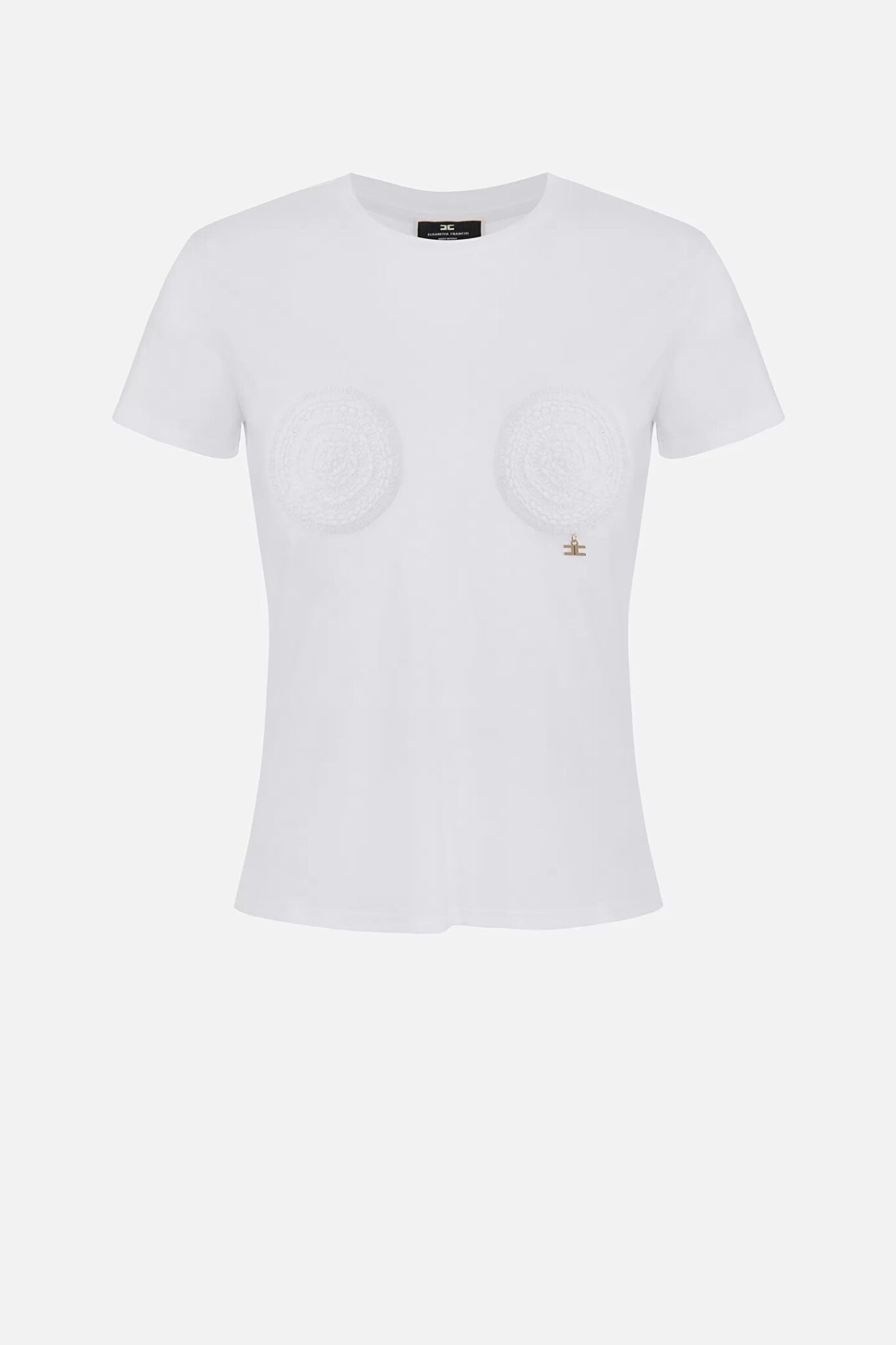 MA01731E2 T-shirt z okrągłym dekoltem i szydełkową aplikacją Elisabetta Franchi