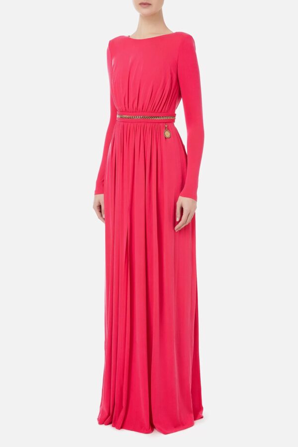 AB45632E2 Długa sukienka z czerwonego dywanu z ozdobną opaską z cupro Elisabetta Franchi