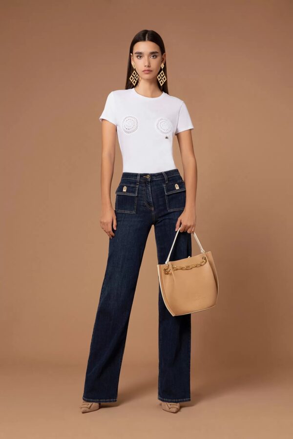 MA01731E2 T-shirt z okrągłym dekoltem i szydełkową aplikacją na biuście Elisabetta Franchi